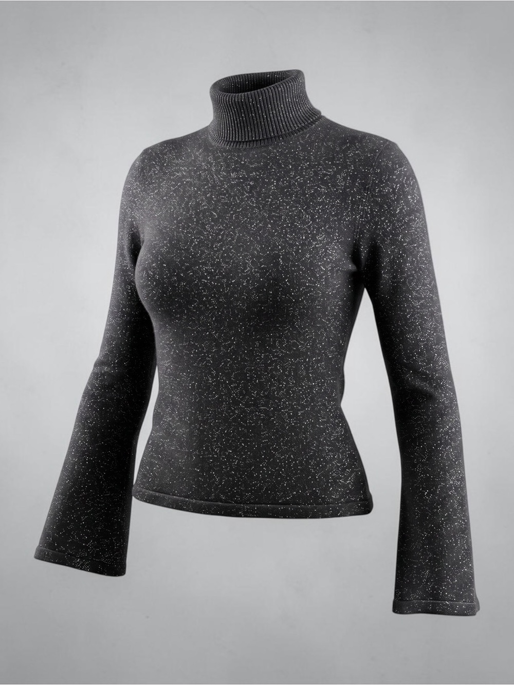NWT CHASER Black & Silver Turtleneck Flare-Sleeve Fitted Lightweight Sweater, SM